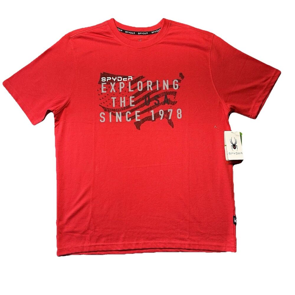 Spyder Mens Large Graphic T Shirt Red Exploring USA Outdoor Logo Stretch NWT